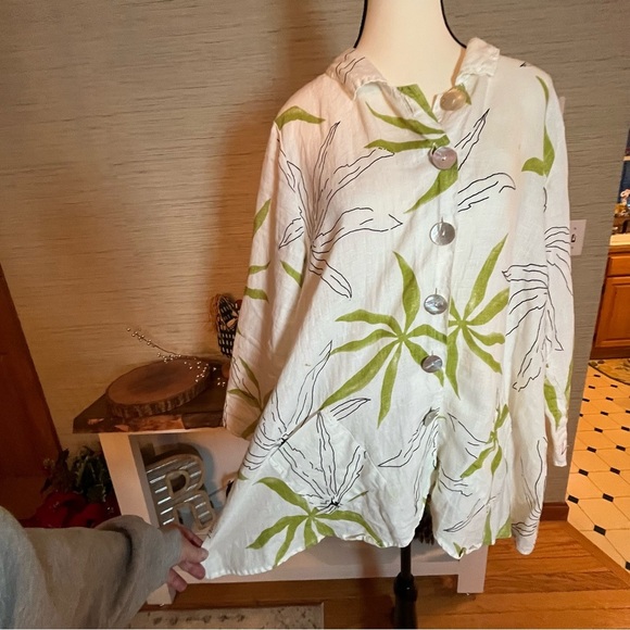 HABITAT 100% Linen Button Up Langenlook Top Blouse White Green Womans Size Small - Picture 4 of 12